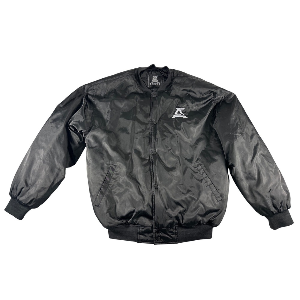 Azteca Mens Black Satin Bomber Jacket Large Embroidered 8 Ball Billiards Vintage
